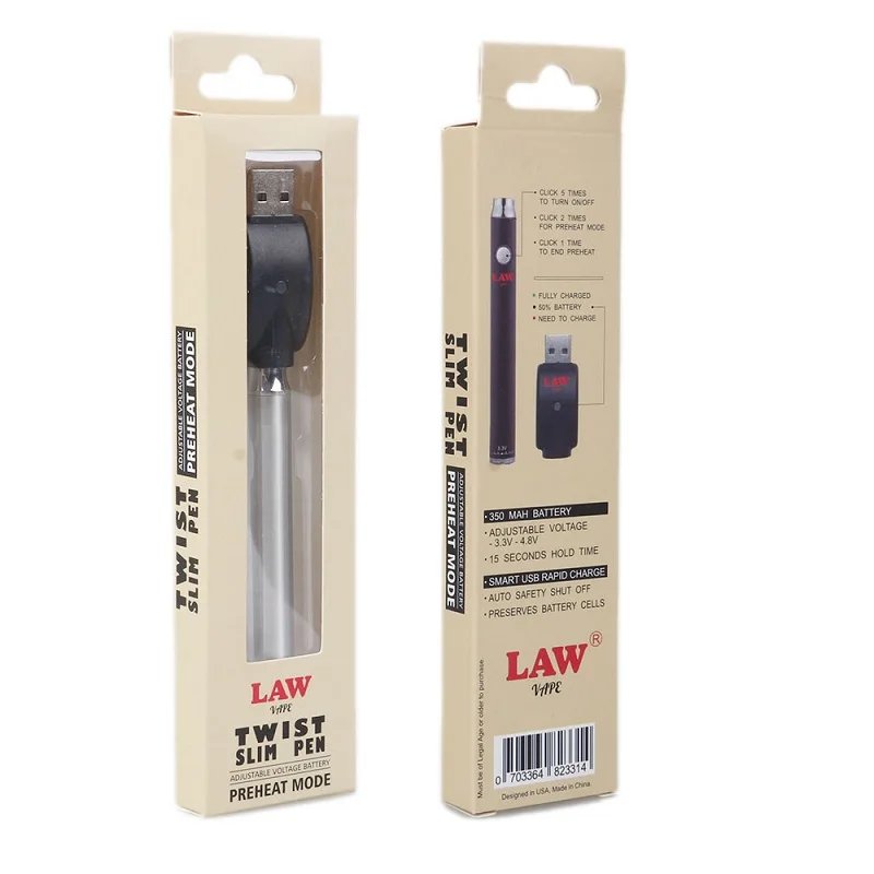 

Law Bottom Twist Preheat VV Battery 380mAh Vape Pen Variable Voltage USB Charger Battery Kit For 510 Thread Thick oil cartridge