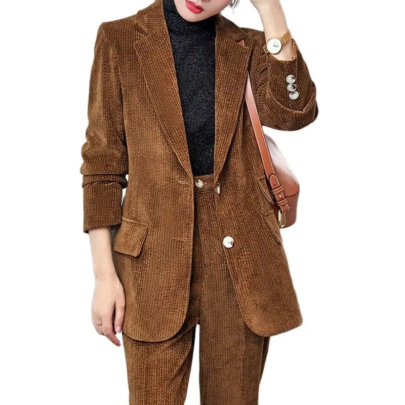 

Новинка, коричневый вельветовый однобортный приталенный женский костюм из хлопка с отложным воротником, костюмы для деловых встреч