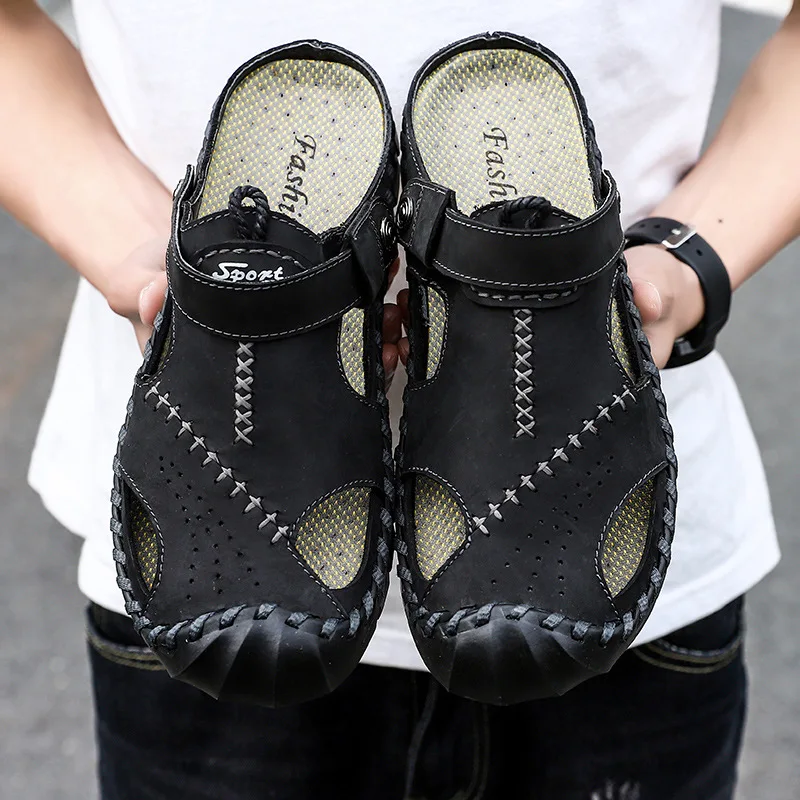 

New Trendy Summer Comfortable plus Size Sandals Men's Leather Beach Lightweight Closed Toe Men's Sandals Dual-Purpose Slippers