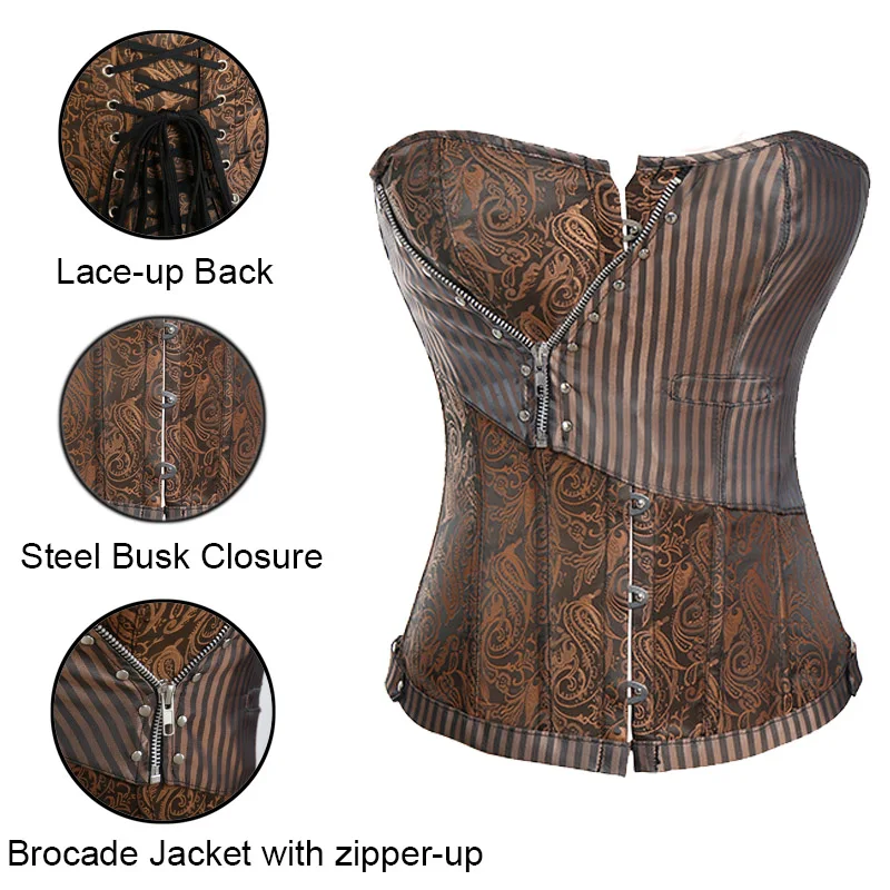 

HOT STYLE Brown Sexy Corsets and bustiers Steampunk Corset Top Waist Tummyr Gothic Clothing Corselet Brocade Zip Patchwork S-2XL