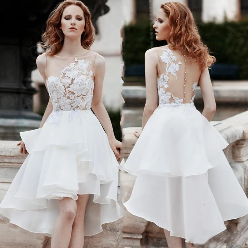 

New Short Beach Wedding Dresses 2021 Applique High Low Ruffled Organza Lace White Summer Dress Bride Gowns Vestido De Noiva Boho