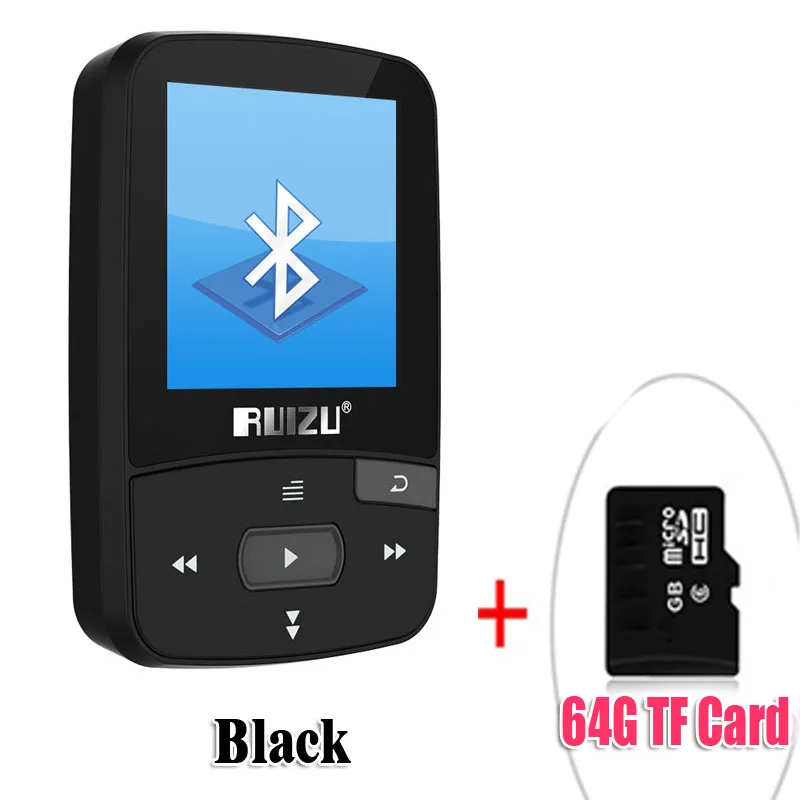 Новое поступление, Спортивный MP3 плеер RUIZU X50 с Bluetooth, 8 ГБ, мини-клип с поддержкой экрана, FM, запись, электронная книга, часы, шагомер - Цвет: BlackWith64GBTFcard