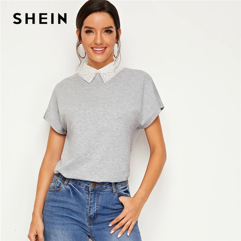 SHEIN серый контрастный вышитый воротник из органзы Повседневная футболка Женские топы осенние базовые футболки с рукавами «летучая мышь» и пуговицами сзади
