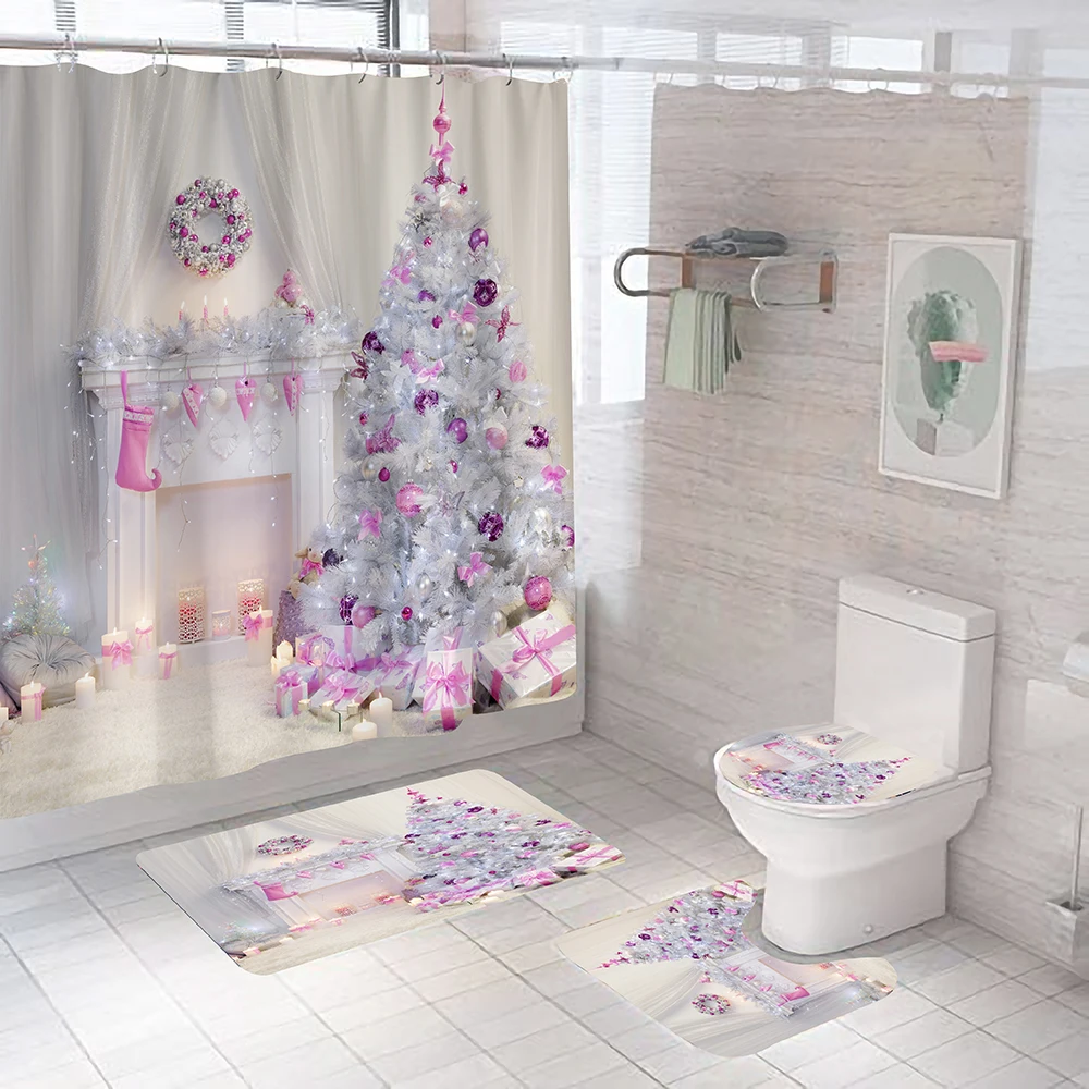 

New Merry Christmas Bathroom Set White Fireplace Shower Curtain and Rug Sets Anti-slip Mat Toilet Lid Cover Carpet Bath Curtains