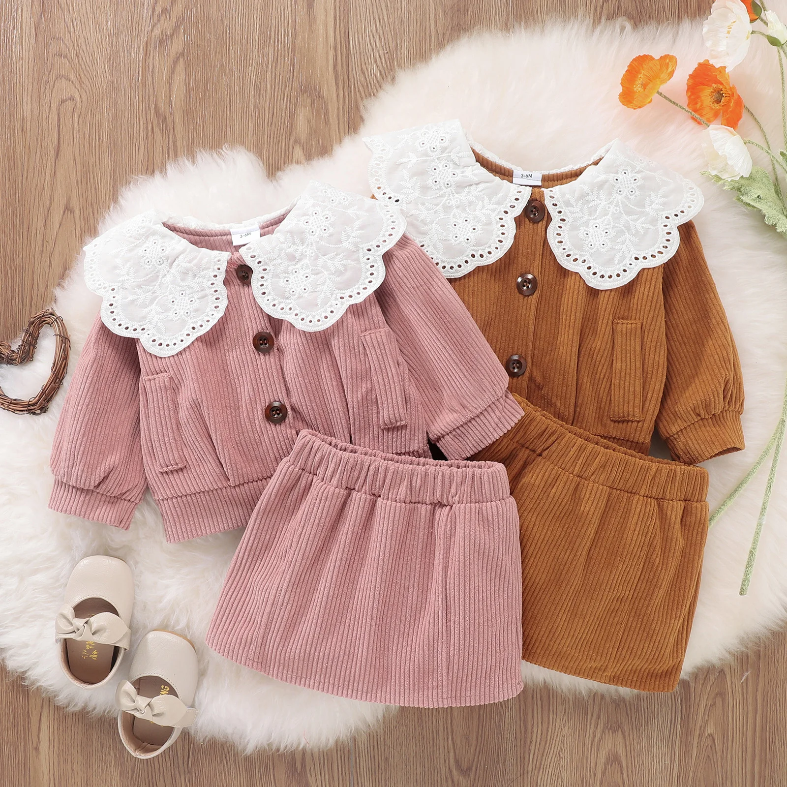 

2 Pcs Infant Ribbed Outfits, Baby Girls Button-down Ruffled Collar Long Sleeve Cardigan Skirt 2021 Children's Sets