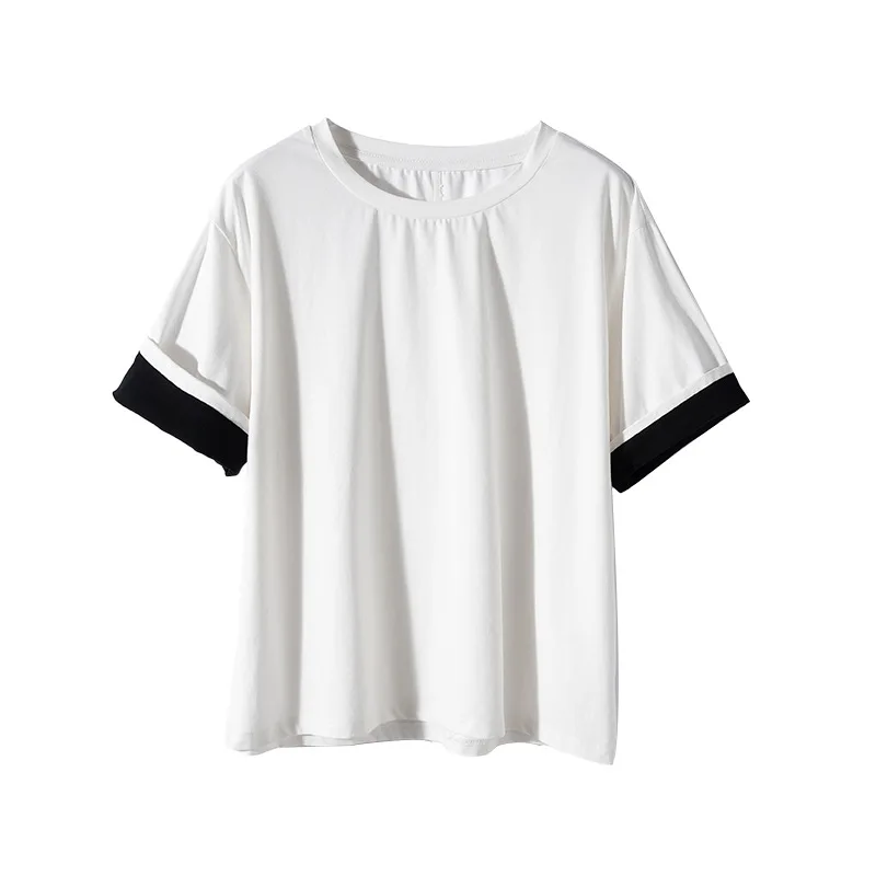 

Backstrom Women's Summer 0-Neck Contrast Color Short-Sleeve T-Shirt Female Ins Trendy Korean Chic Simple Loose Cotton Inner Tops