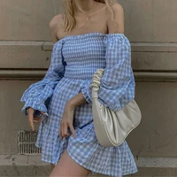 2021 summer women ruffle slash neck blue white plaid elegant short sweet backless party dress korean style club mini dresses