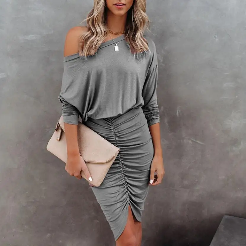 

Elegant Dress Off Shoulder Irregular Pleated Sexy Women Dress Spring Autumn Solid Casual Office Lady Dress