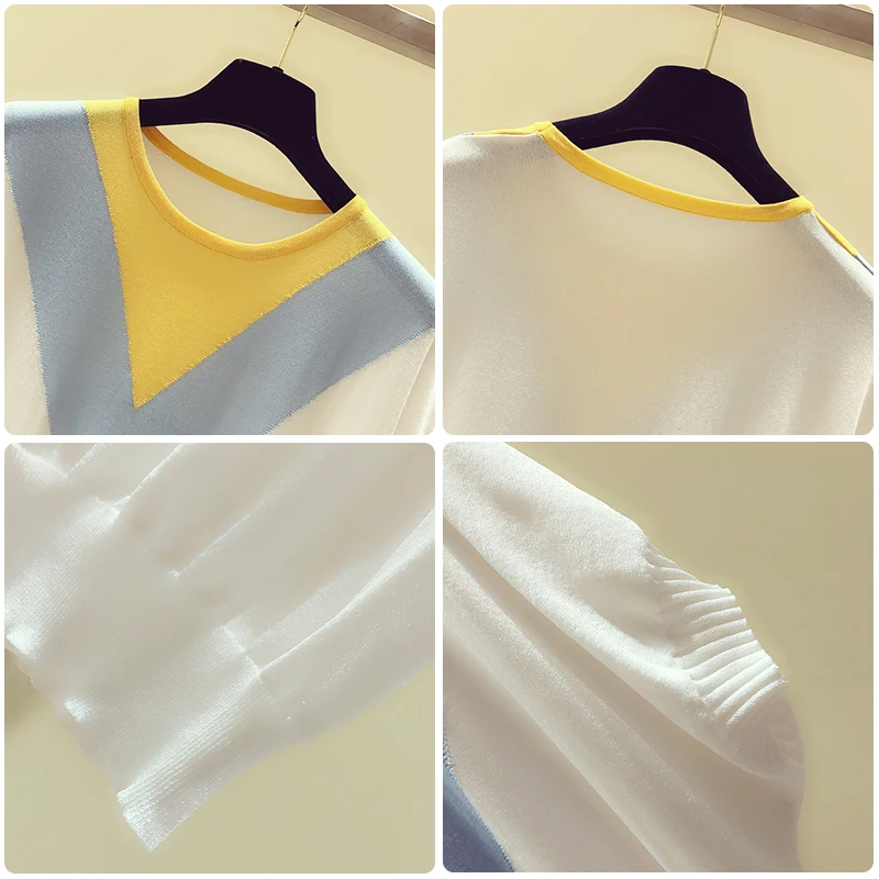 

2021 Summer New Patchwork Color Loose Women Tops Batwing Sleeve Female Tops Knitted O-Neck Korean Chic Lady Ccaual Tees KS623