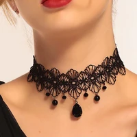 black lace necklace crystal beads pendant necklaces gothic hollow flower choker jewelry accessories for women and girls
