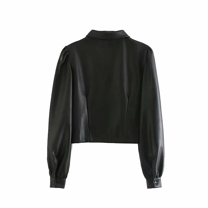 Английская уличная кожаная рубашка с пышными рукавами blusas mujer de moda PU короткая рубашка женские Топы И Футболки