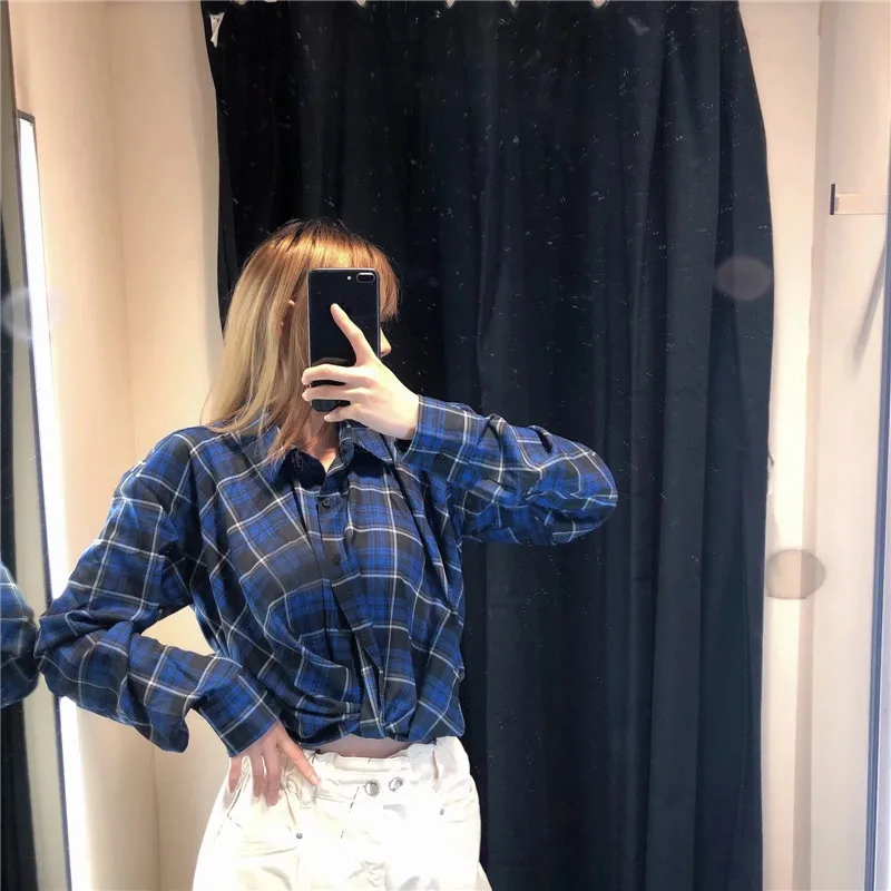 

PSEEWE Blue Plaid Crop Top Women 2020 Za Ruched Long Sleeve Collared Button Up Shirt Woman Fashion Streetwear Casual Tops