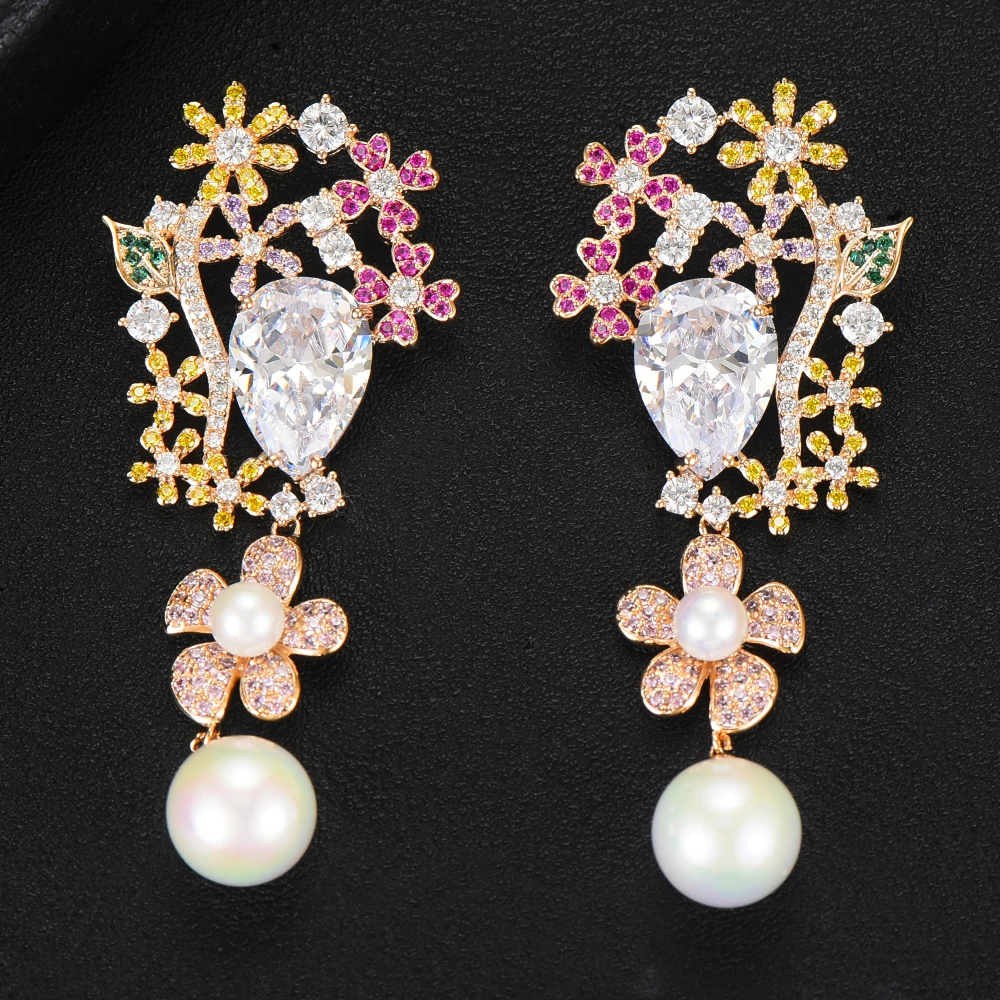 

GODKI Jimbora Brand Luxury Flower Pearl Dangle Earrings For Women Bridal Engagement Hollow Fine Earrings Fashion Jewelry 2020