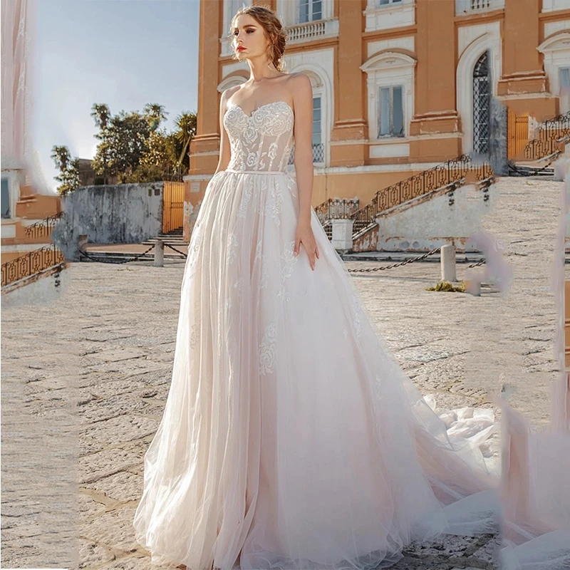 

HERBURNL 2021 Sweetheart A Line Blush Pink Applique Sweep Train Robe Mariee Garden Beach Boho Wedding Gowns Dresses For Women