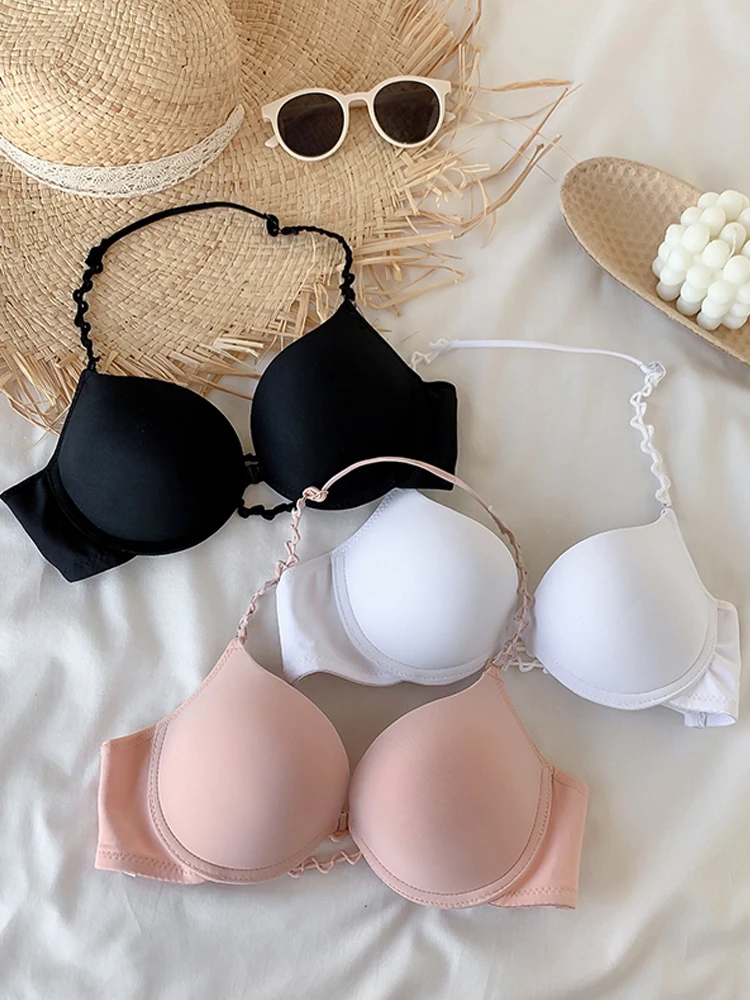 

Summer new sexy backless bra beauty back bra strap gathered small chest hanging neck buckle adjustable underwear for women