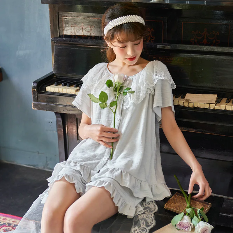 

Korean Cute Cotton Pajamas for Women Lace Sleepwear Short Sleeves Leisure Wear Female Summer Kawaii Pajamas Loungewear Pj Set