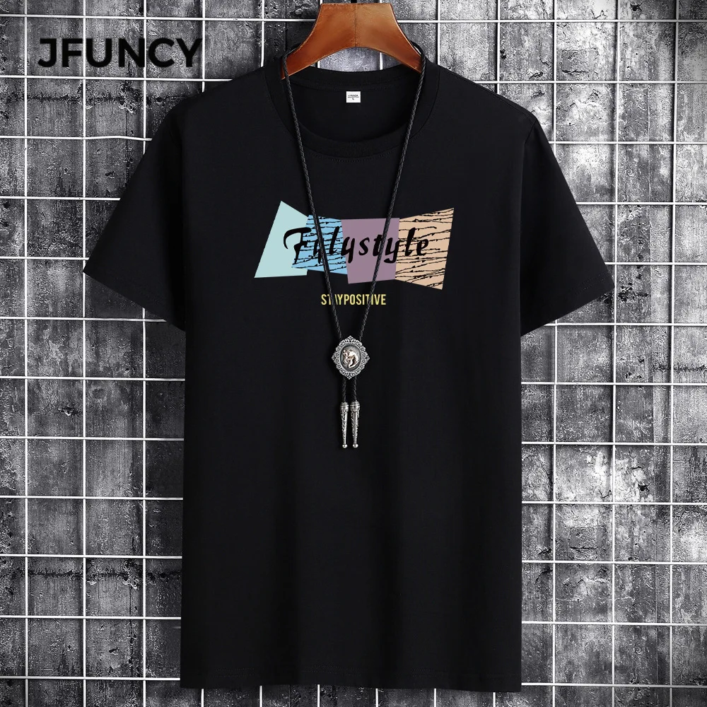

JFUNCY 2021 Summer Man Oversized T-Shirt Loose Letter Printed Student Casual T-Shirt Plus Size Male Cotton T Shirt Men Tee Tops