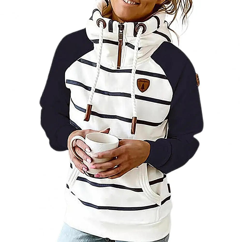 Casual Women Hoodie Pullover Stripe Chic Cotton Blend Ladies Warm Oversize Hooded Sweatshirts Women for Daily Top Women 2021