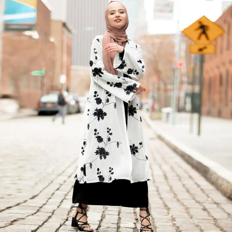 

Muslim Cardigan Flowers Embroidery Kimono Abaya Arab Abaya Muslim Dress Musical Robe Prayer Muslim Outerwear Dress