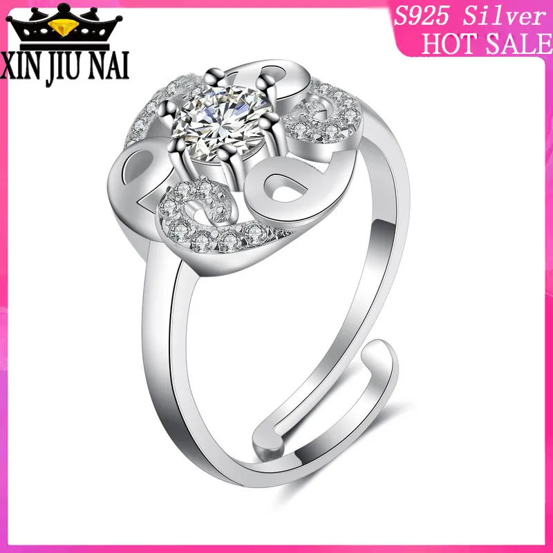 

S925 sterling silver rings six-claw mosaic single-drill flower shape movable opening adjustable women's ring natural stone