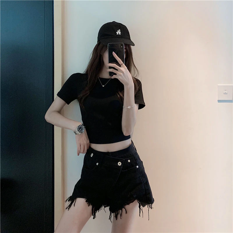 

2021 Summer Women Korean Irregular High Waist White Denim Shorts New Female Fashion Casual A-line Short Jeans Ripped Tassel Wear