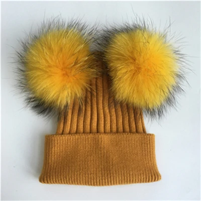 Yellow match fur Женская зимняя модная меховая шапка с помпоном для девочек, Вязаная Шапка-бини для взрослых, вязаная шерстяная шапка с двумя помпонами - Цвет: Yellow match fur