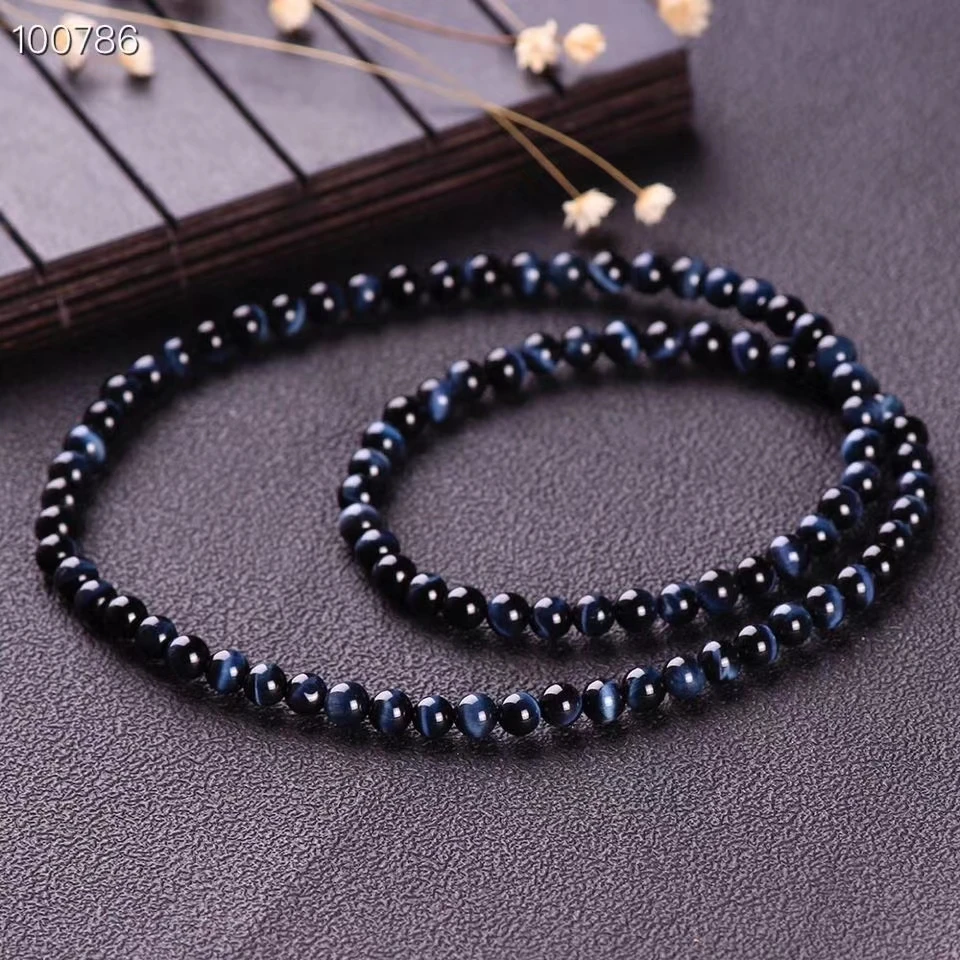 

Natural Hawk Eye Blue Tiger's Eye Gemstone 6mm Round Beads Bracelet 3 Laps Round Beads Necklace Crystal Stretch For AAAAA