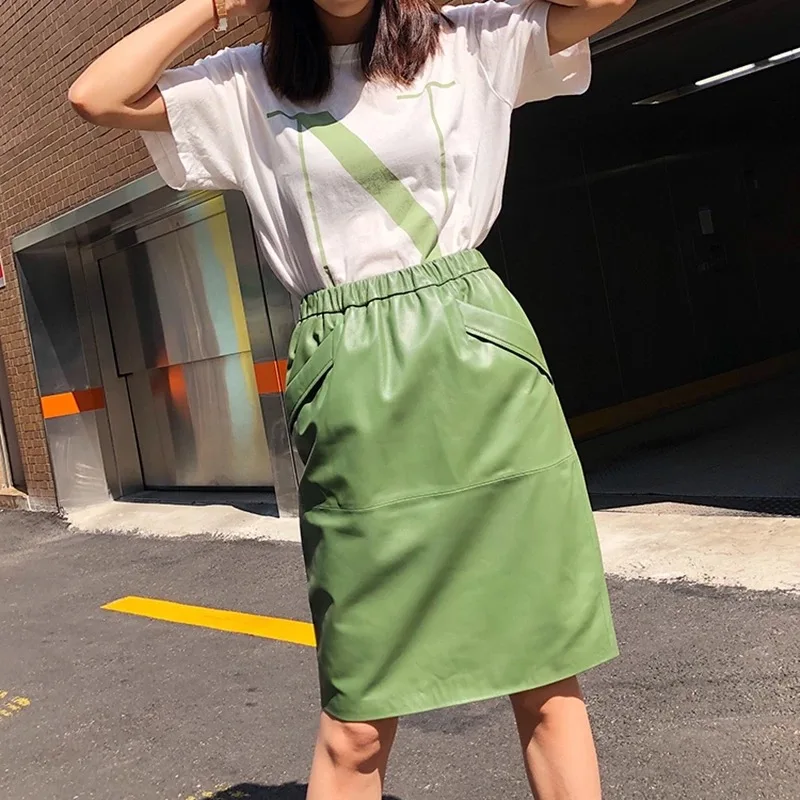 Leather Skirt Women With Pockets Midi Skirts Womens 2022 New Genuine Black And Green Sheepskin Leather Pencil Skirt Hgh Waist