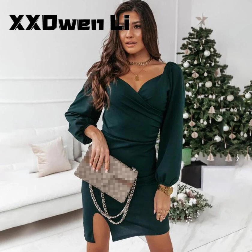 

Woman's Spring Fashion V-neck Cross Long Sleeve Mini Dress 2022 Sexy Square Collar Backless Bag Hip Dresses For Women Party