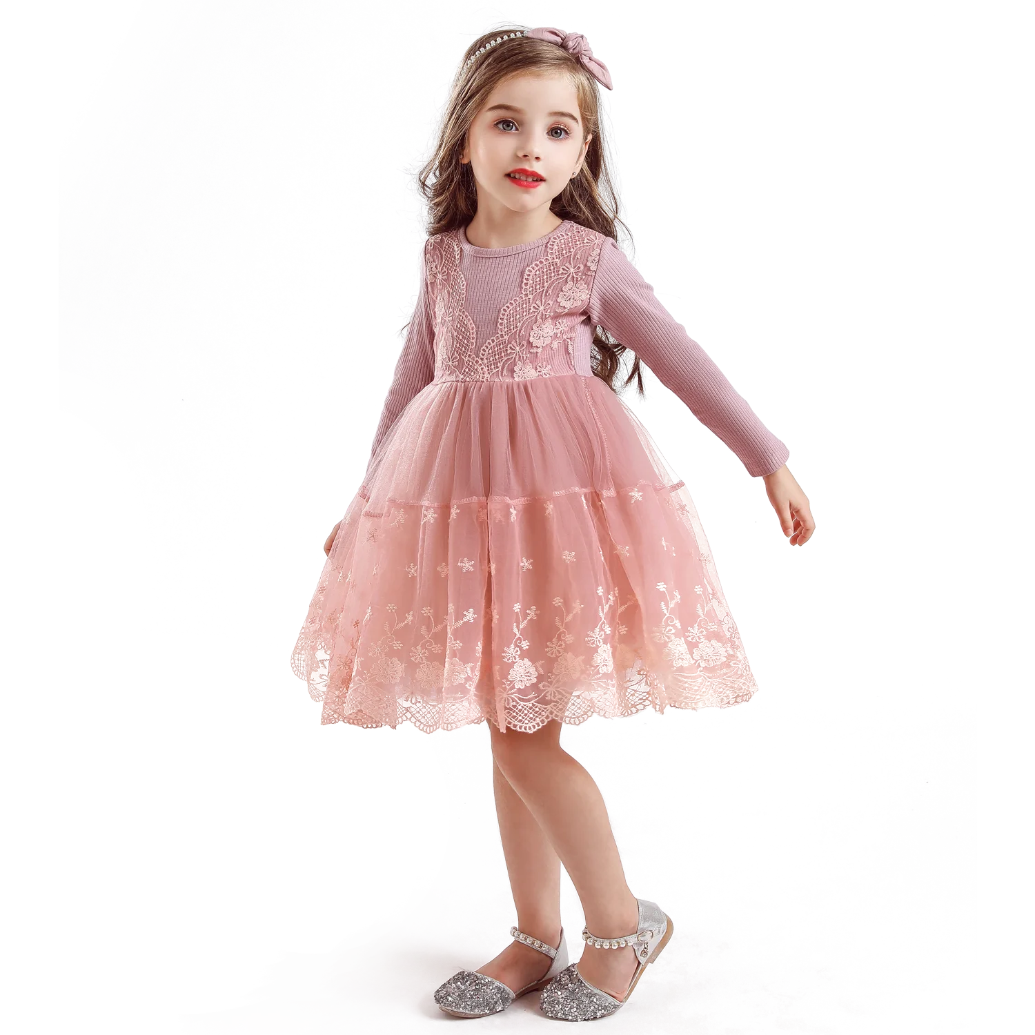 Осень-зима 2020 платье для девочек с длинным рукавом бальное принцессы цветами