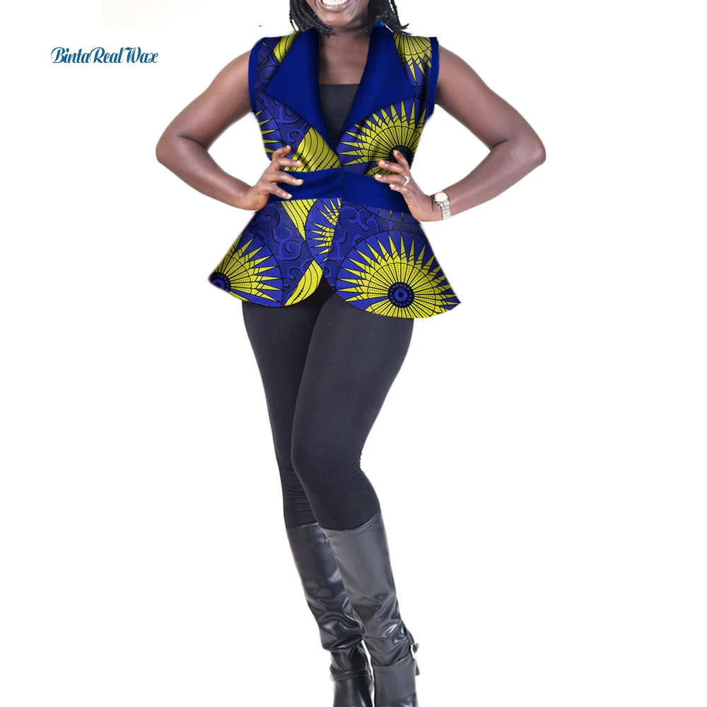 

Fashion Sleeveless Coat Turn-Down Collar Patchwork Top for Women Bazin Riche Cotton Top Traditional African Clothing WY3362