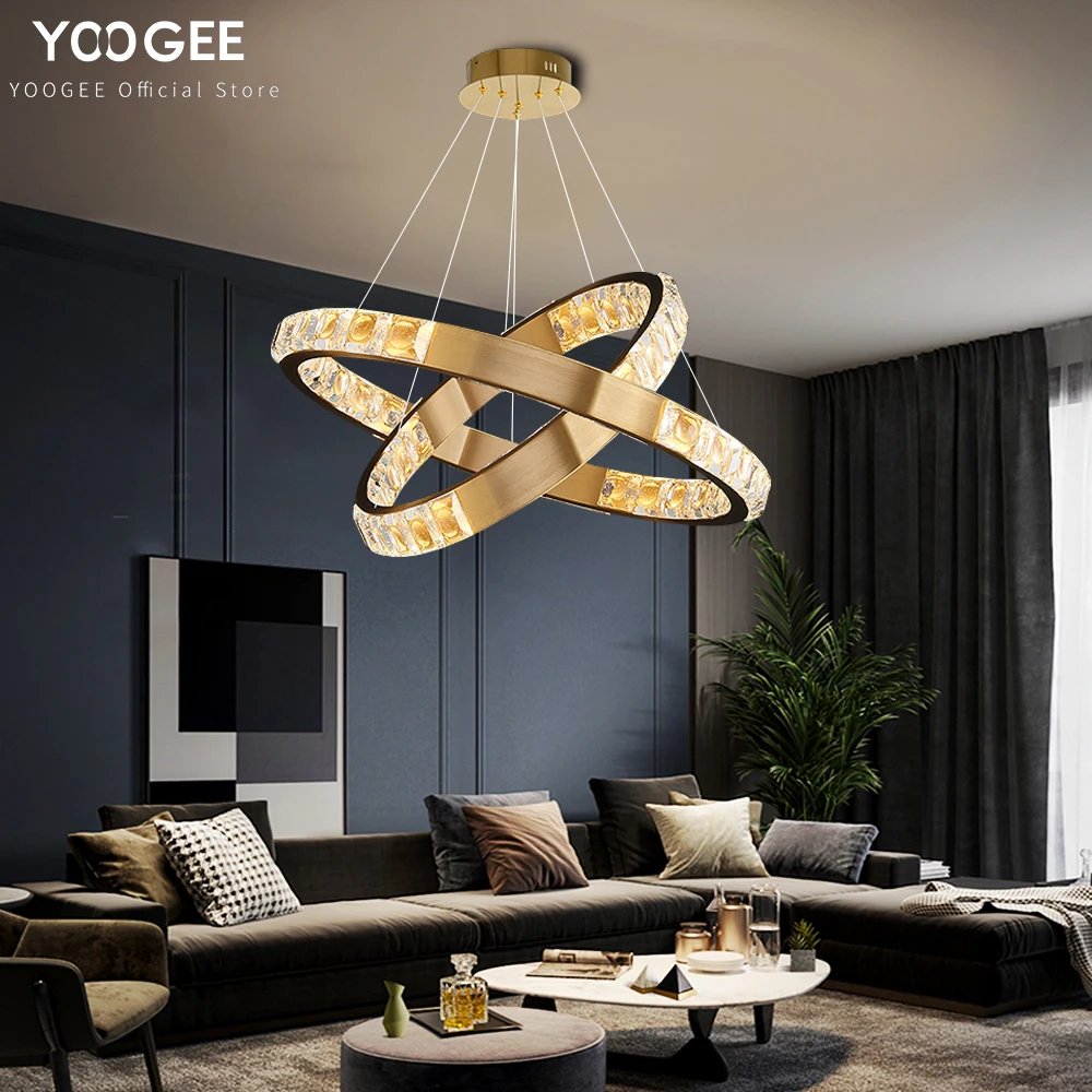 

YOOGEE Modern ring crystal chandeliers for living room gold round home decoration hang lamp luxury cristal circle led lustre