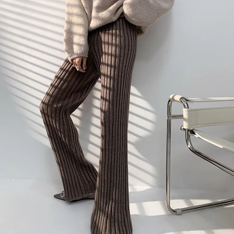 

Korean Vintage Knitted Striped Pants For Women High Waist HIgh Skinny Pantalon Femme Elegant Office Ladies Fashion Wide Leg Pant