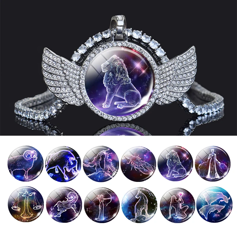 

12 Constellation Necklace Angel Wings Pendant Zodiac Sign Silver Plated Chain Necklace Rhinestone Jewelry Birthday Gift