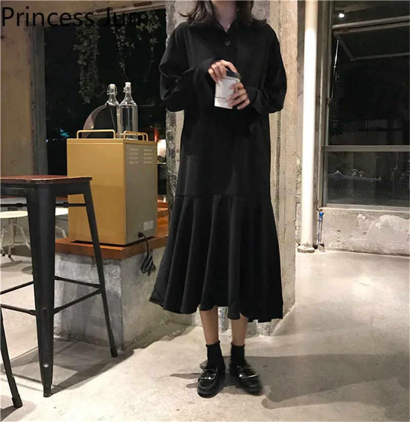 Женское платье-трапеция в стиле ретро винтажное Черное длинное платье-рубашка с