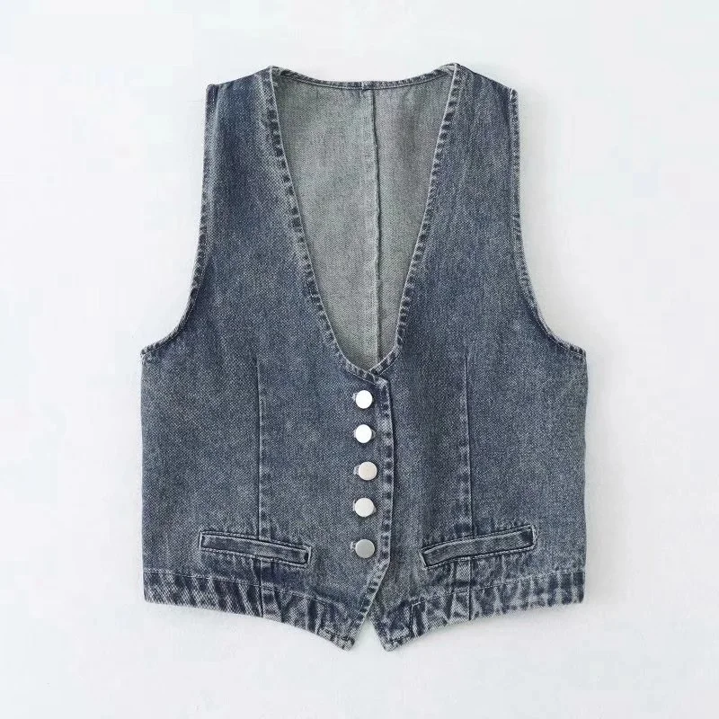 

Vintage Autumn Blue Denim Waistcoat Vest V Neck Sleeveless Women 2021 Spring Fashion Cardigan Jeans Outerwear Casual Waistcoat