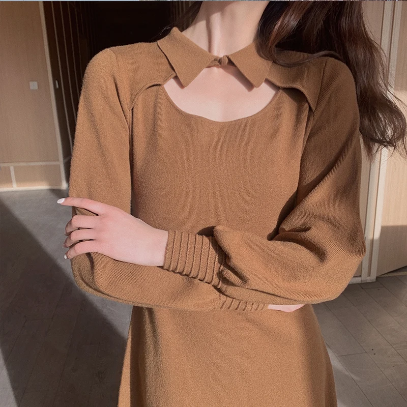 

Big luca brasi dhy show thin French aristocratic temperament sexy lantern sleeve knit dress is qiu dong female red dress