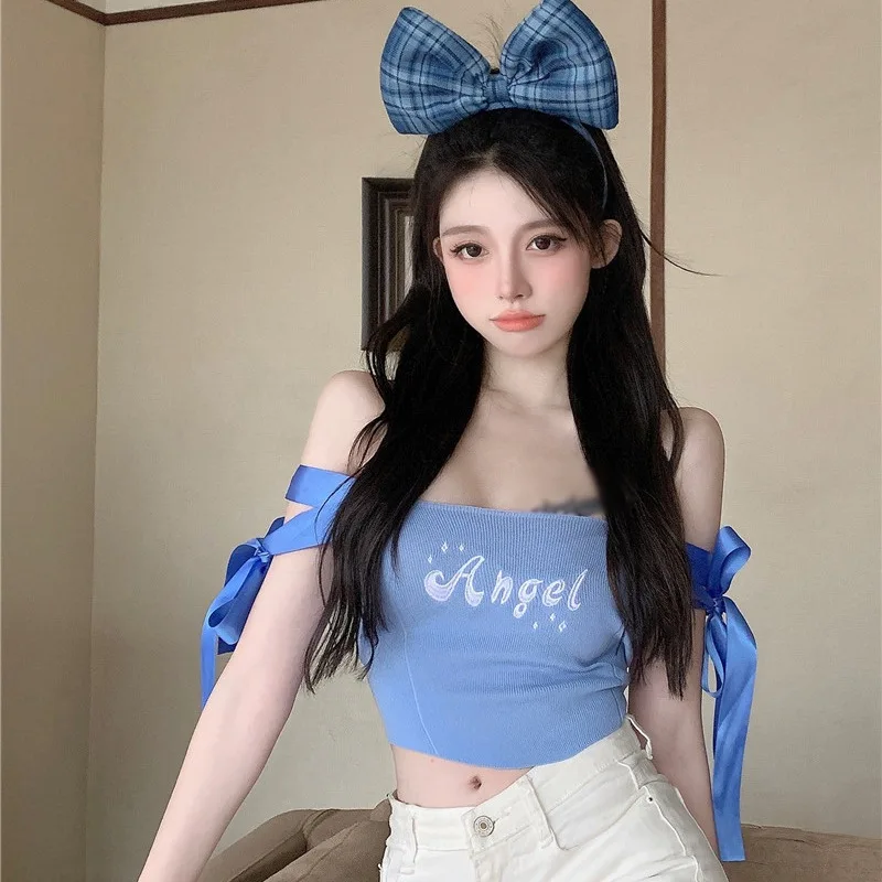 

Women's Letter Print Slash Neck Bow Slim Exposed Navel Knitted Short Sleeve Tops