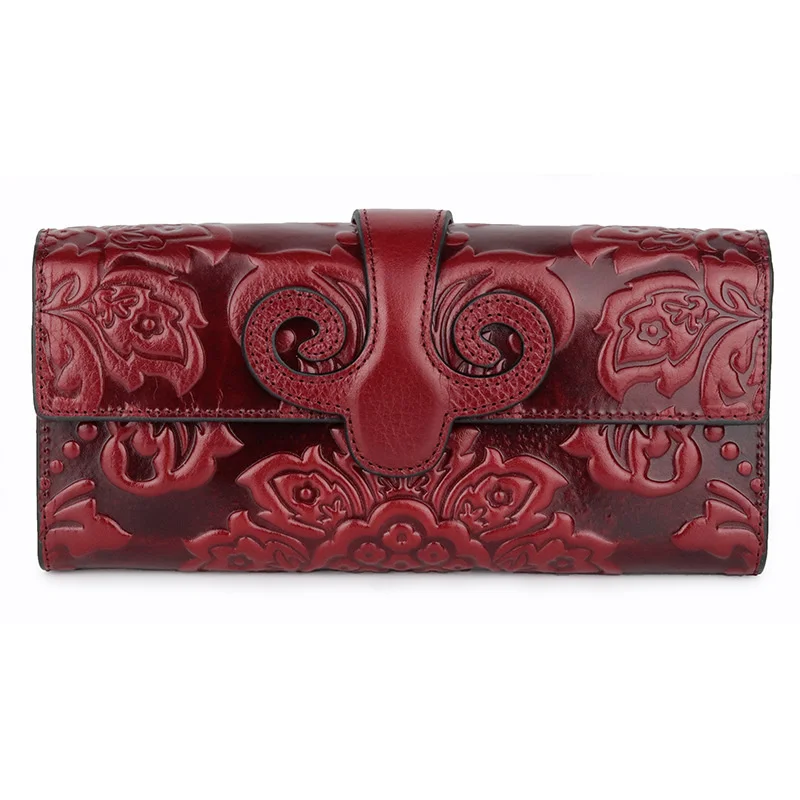 

2021 top selling oil wax leather women's long Purse Hand Bag embossed women's hand bag