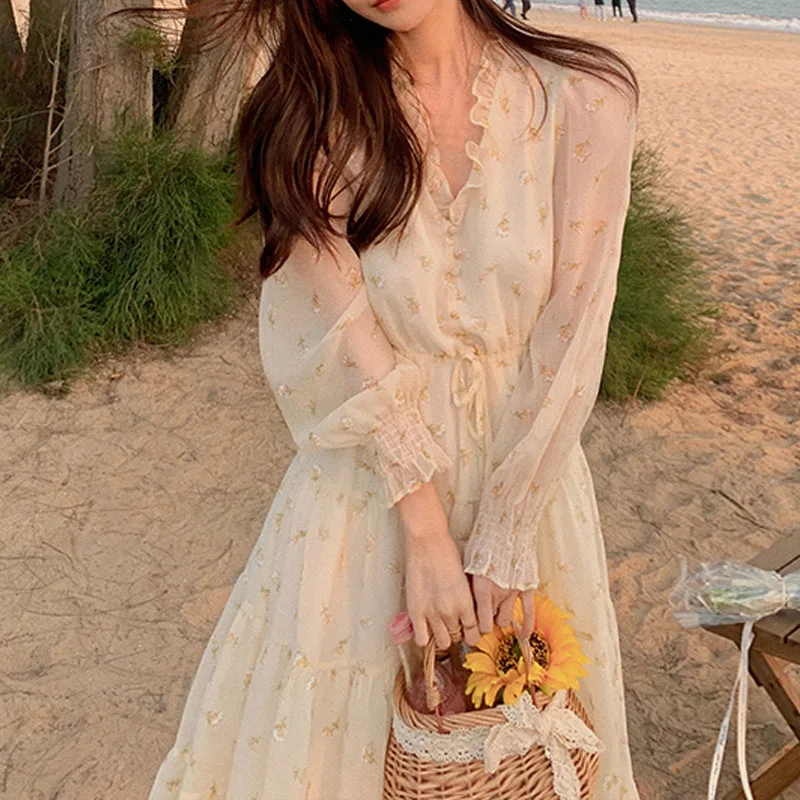

V-neck Elegant Sweet Dress Women Long Sleeve Chiffon Floral Dress Party Beach Dress For Females Korean Style 2021 Summer