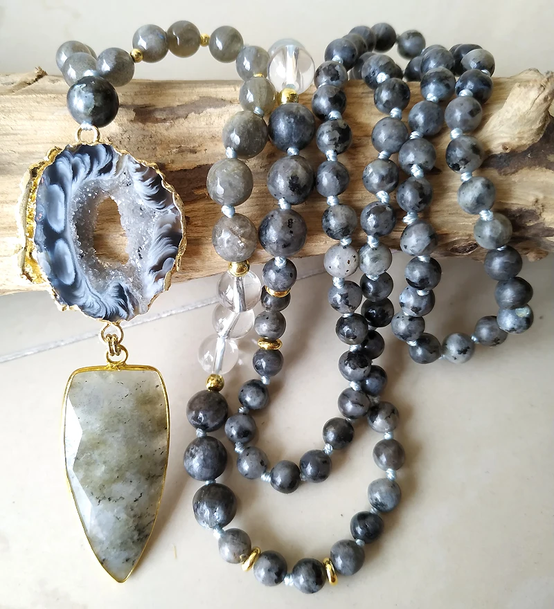 YA2791 Geode Agat e кулон из Лабрадорита камень Черные искусственные бусины узел ручная