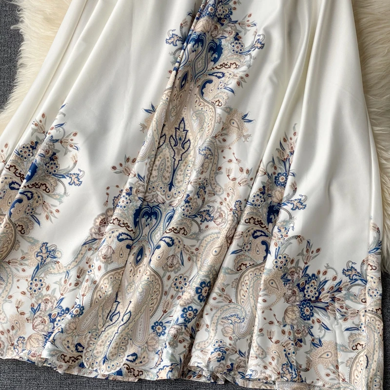 

Women Vintage Court Wind Dress 2021 Summer Hollow Out Flowers Puff Sleeve A Line Dress O Neck Bandage Print Maxi Dress DZA441
