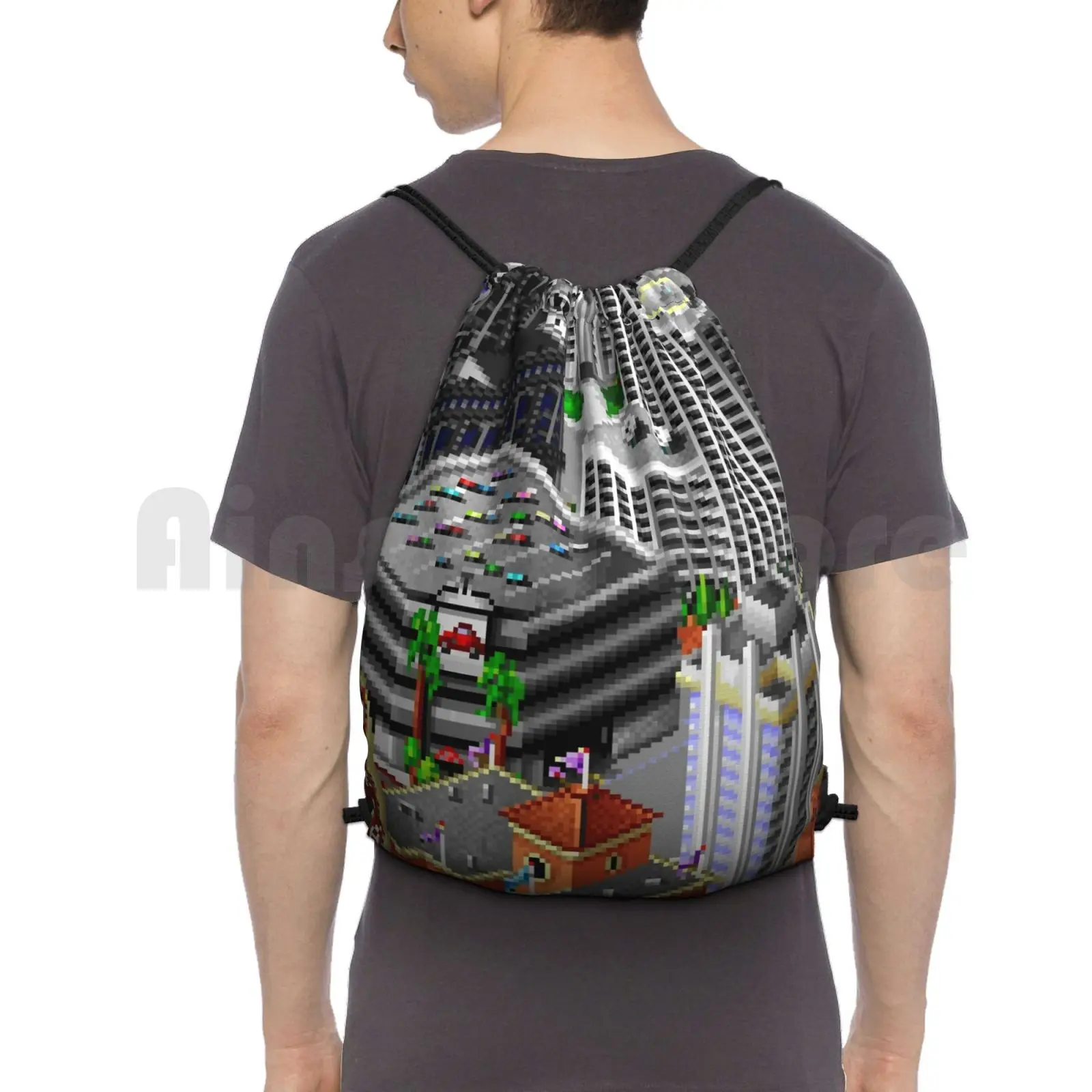 

Sim City 2000 / Residential Backpack Drawstring Bag Riding Climbing Gym Bag Sim City Commercial Diagonal Big Building