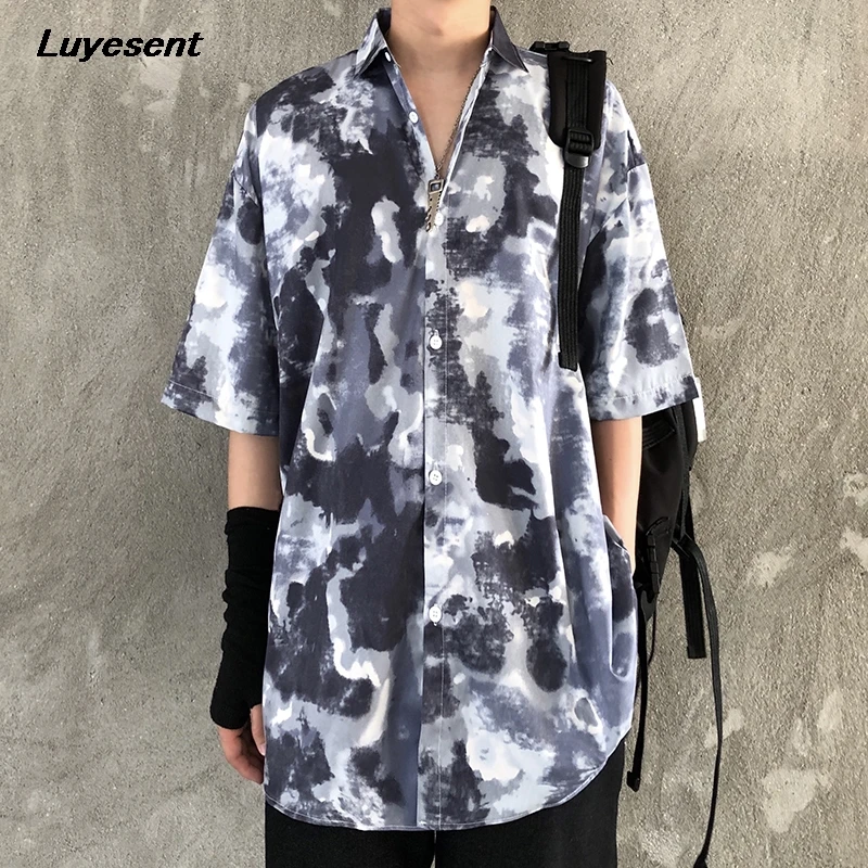 

Gray Tie Dye Lady Loose Shirt Lapel Collar Short-sleeve Women Street Harajuku Shirts Korean Fashion Clothes Single Breasted Tops