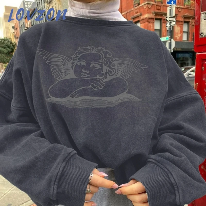 

LOVZON 2021 Women Angle Print Hoodies Casual Loose Oversize Long Sleeve Sweatshirts 2021 Autumn Winter Fashion Streetwear Outfit