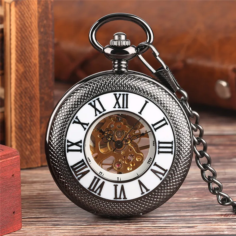 

Vintage Black Half Hunter Men Women Mechanical Hand Winding Pocket Watch Roman Number Skeleton Clock Pendant Chain Gift reloj