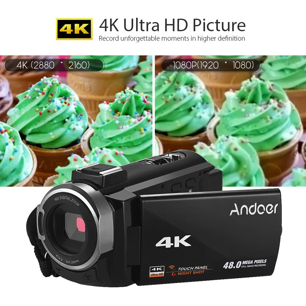 Andoer Портативный 4K HD Цифровая видеокамера Камера видеокамера DV 16X цифровой зум 3 дюймов сенсорный экран wi-fi соединение
