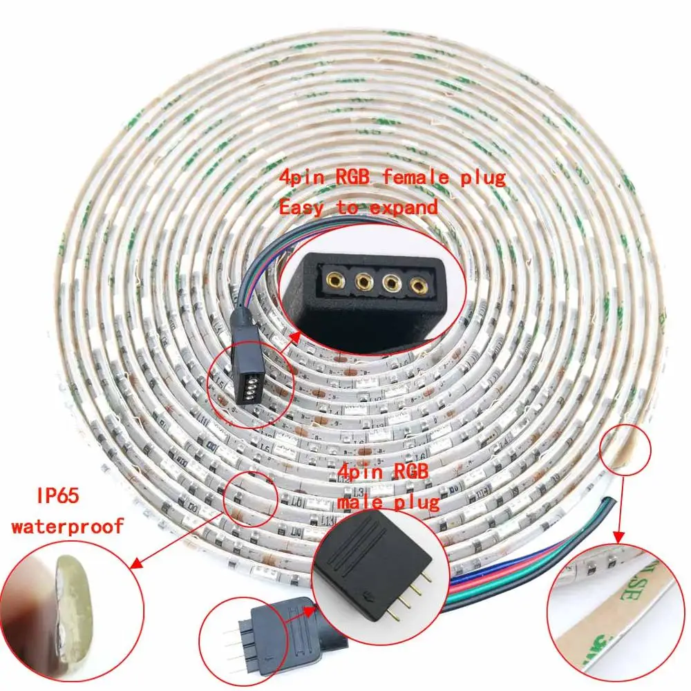 Светодиодная лента с водонепроницаемой защитой LED5050 RGB холодный белый / тёплый ледяной синий красный зелёный на 5В.