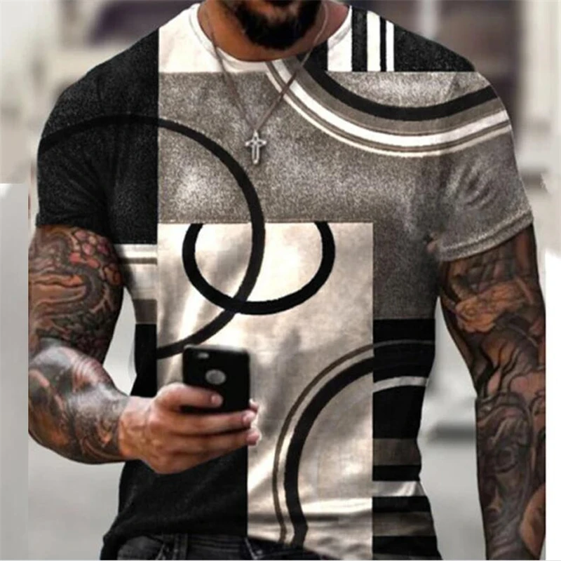 

Футболка мужская повседневная с геометрическим принтом, дизайнерская рубашка с короткими рукавами и круглым вырезом, с геометрическим 3D-пр...
