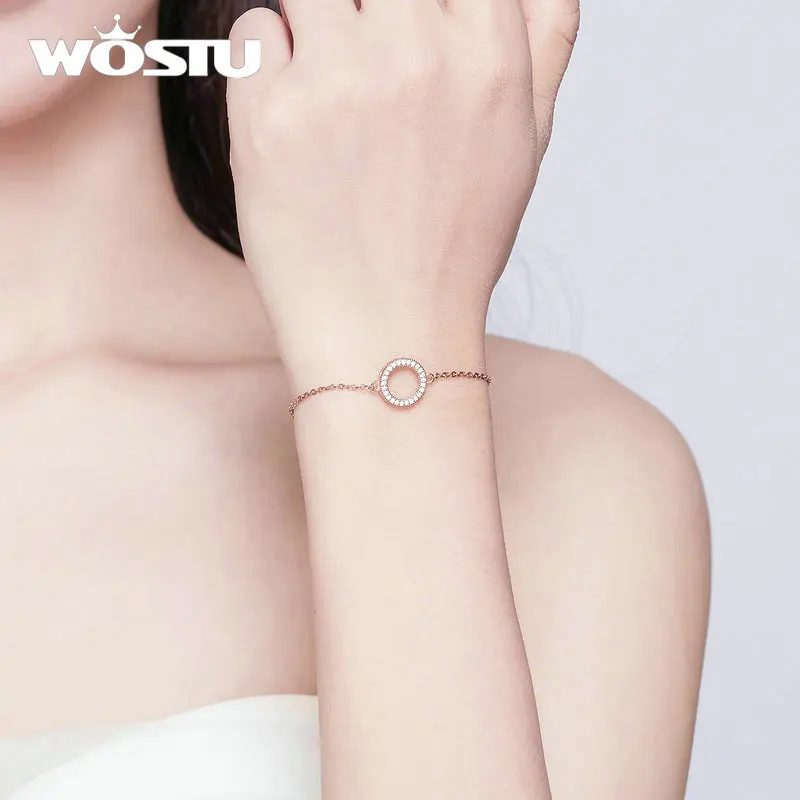 WOSTU,, 925 пробы, серебряный, розовое золото, браслет, сверкающий, Круглый, циркон, звено цепи для женщин, модное ювелирное изделие, CQB030-C